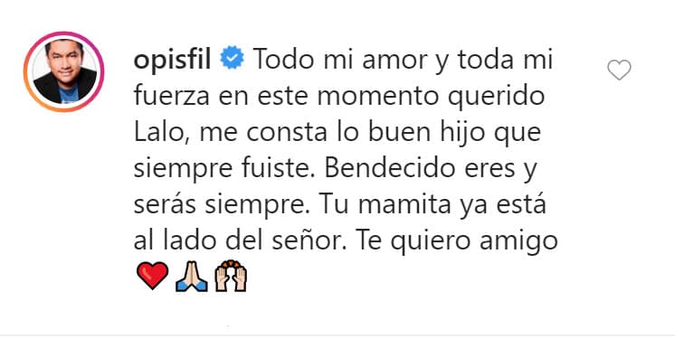 Tras dar a conocer a su fallecimiento, algunos amigos de Yáñez dieron fe de lo "buen hijo" que fue. El empresario Oswaldo Pisfil le escribió: "Todo mi amor y toda mi fuerza en este momento querido Lalo,
<b> me consta lo buen hijo que siempre fuiste</b>. Bendecido eres y serás siempre. Tu mamita ya está al lado del señor. Te quiero amigo".
<br>