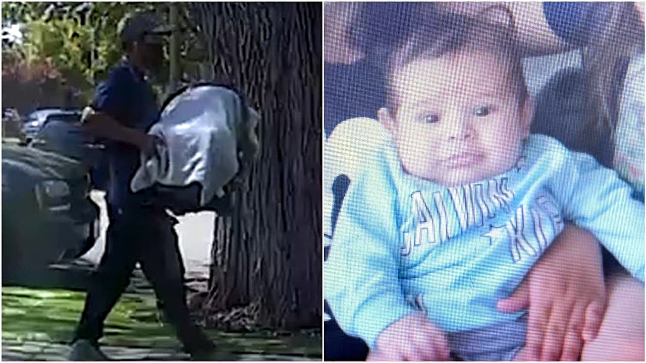 A la izquierda se observa en una captura de video a José Román Portillo cargando el asiento de bebé en el que se llevó al pequeño Brandon Cuellar.