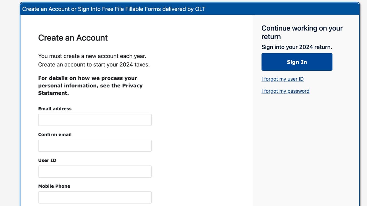 Antes de comenzar con tu proceso de llenado de impuestos, debes crear una cuenta o iniciar sesión.
<br>
<br>
<b>Free File te va a servir si tu ingreso bruto es de $84,000 o menos. Si ganas más, te va a dar unos formularios interactivos, de acuerdo con el IRS.</b>