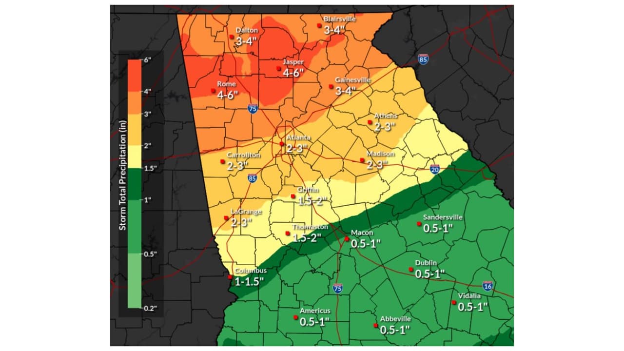 Este mapa muestra la cantidad de pulgadas de lluvia que se espera en la región.