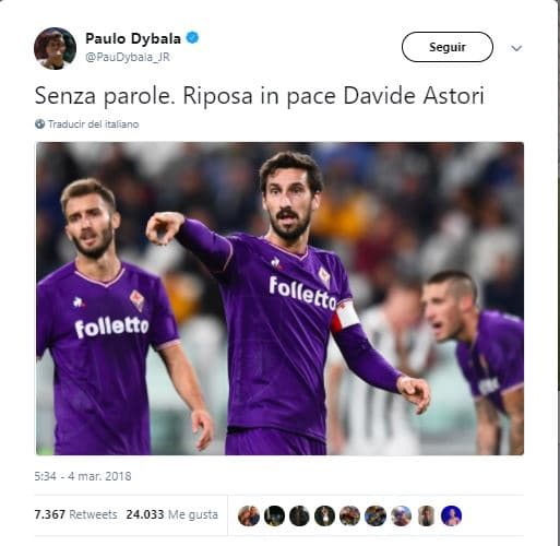 Paulo Dybala: Sin palabras. Descanse en paz Davide Astori.