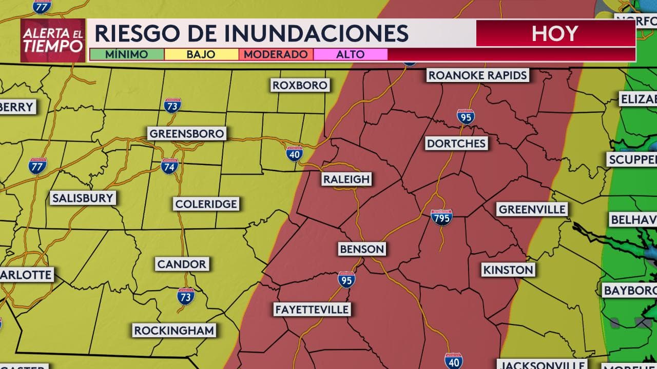 Durante las próximas horas, se esperan inundaciones aisladas de 3 a 5 pies sobre el nivel del suelo, afectando mayormente a las zonas costeras de Cape Fear, al extremo sur de Carolina del Norte.
