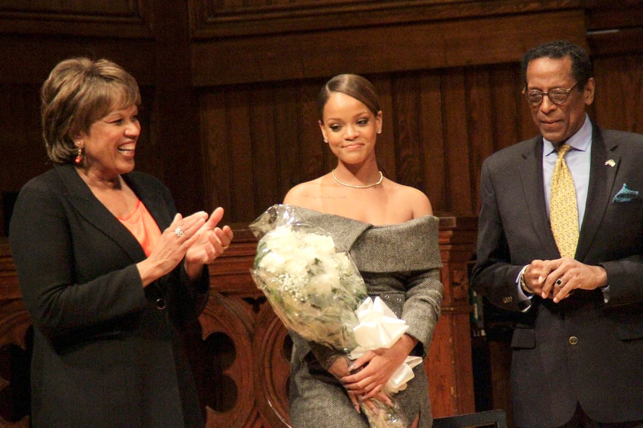 Photo © 2017 Instar Images/The Grosby Group Cambridge, Massachusetts, February 27, 2018. Pop star Rihanna is seen at Harvard's Sanders Theatre to receive the 2017 Humanitarian Award for her contributions in Barbados. Rihanna has charitably built a state-of-the-art center for oncology and nuclear medicine to diagnose and treat breast cancer at the Queen Elizabeth Hospital in Bridgetown, Barbados,î said Dr. S. Allen Counter, director of the Harvard Foundation, in a statement.