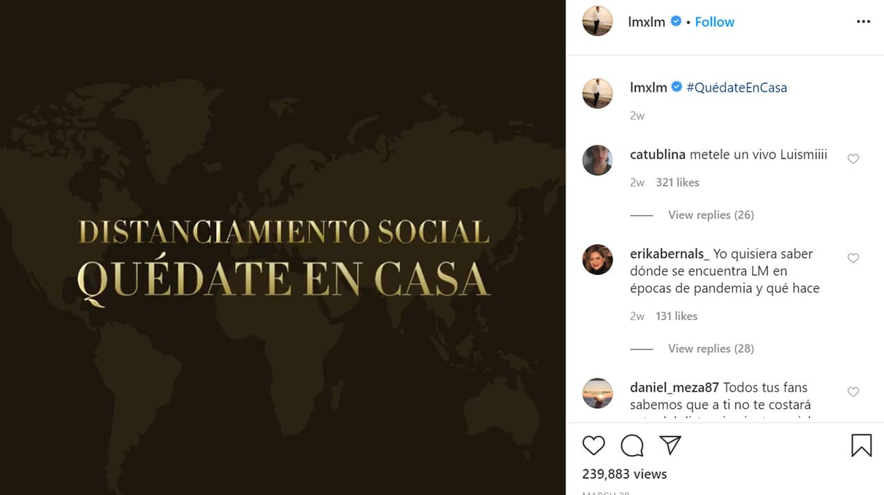 El 29 de marzo también se hizo presente con 
<b><a href="https://www.instagram.com/p/B-VRHSmF-XK/" target="_blank">un llamado</a></b> a 
<b><a href="https://www.univision.com/radio/raul-brindis/luis-miguel-promueve-quedarse-en-casa-despues-de-que-el-mismo-rompiera-la-cuarentena-video" target="_blank">quedarse en casa</a></b> ante la actual pandemia del coronavirus. 
<br>