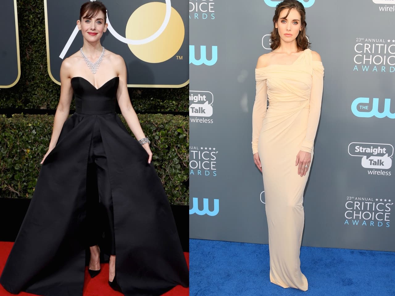 Alison Brie, actriz de 'Mad Men', cambió totalmente su imagen al llegar a la alfombra azul con un traje de Roberto Cavalli.