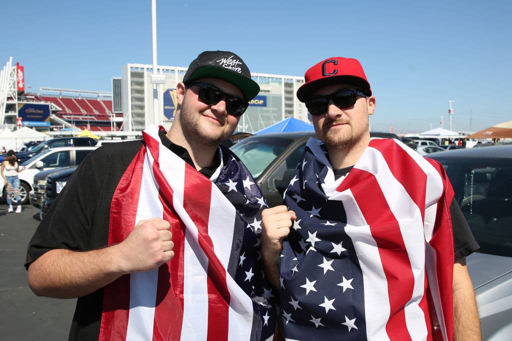 SANTA CLARA, CA - JULY 26: Fans of United States pose for photos prior to the CONCACAF Gold Cup 2017 final match between United States and Jamaica at Levi's Stadium on July 26, 2017 in Santa Clara, California. (Photo by Omar Vega/LatinContent/Getty Images)