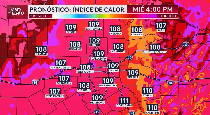 El índice de calor por ciudad en el norte de Texas.