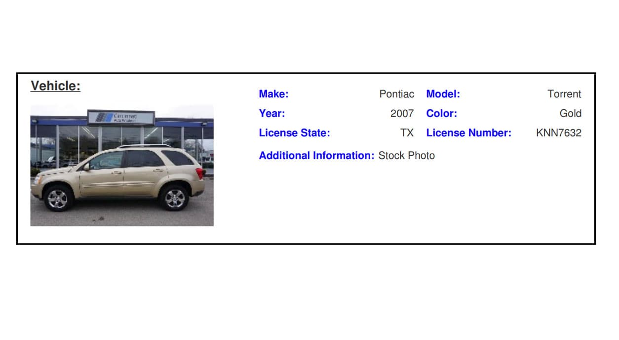 Vehículo utilizado por sospechosos. La tablilla es: KNN7632