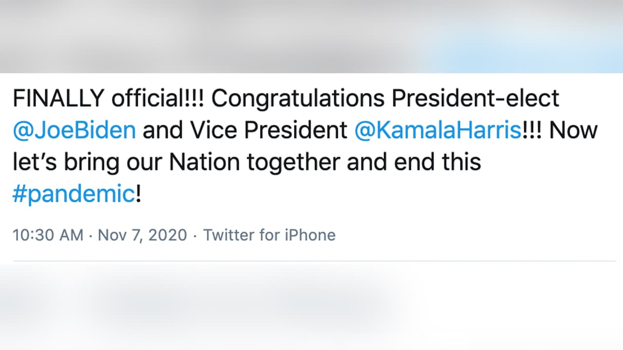“Finalmentte es oficial, felicidades al presidente electo Joe Bien y a la vicepresidenta Kamala Harris. Es hora de unir nuestra nación y terminar con esta pandemia”, 
<b><a href="https://twitter.com/AdrianGarciaHTX/status/1325113395151056897" target="_blank">indicó el comisionado </a></b>A drián García.