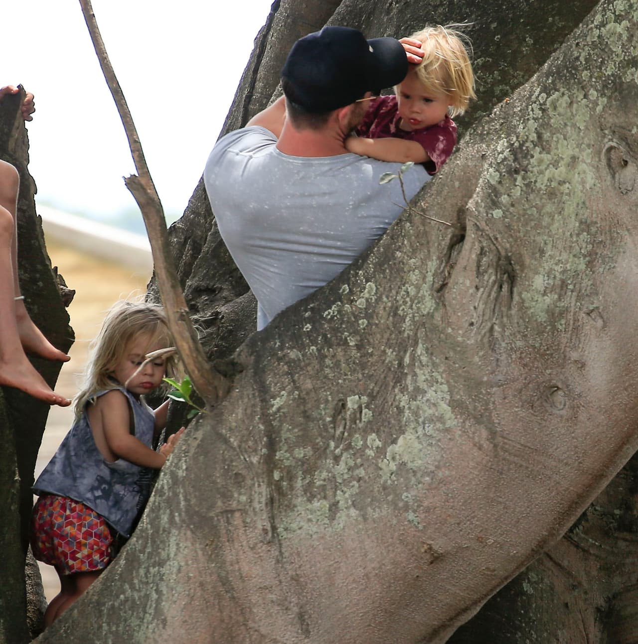 Chris con sus mellizos Tristan y Sasha en el árbol.
