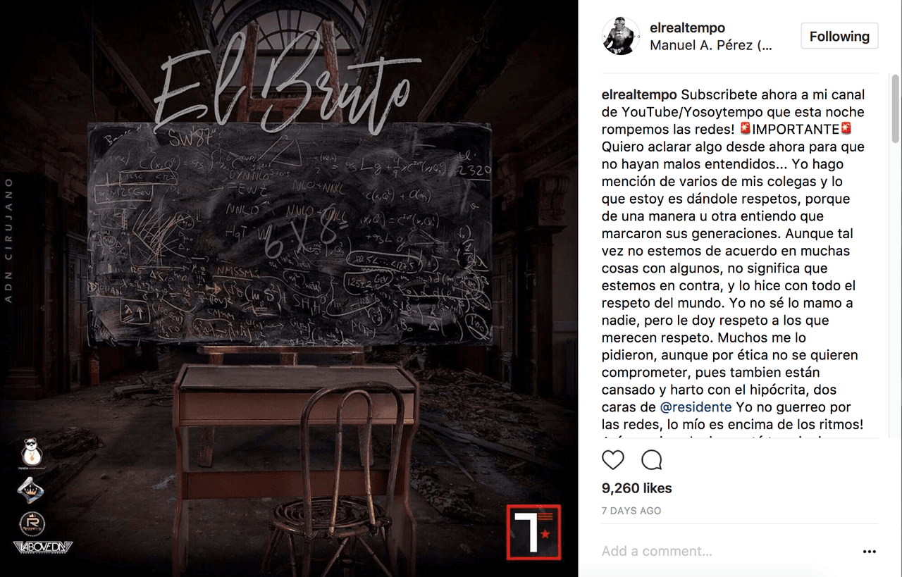 Tempo estrena su nuevo tema 'El Bruto', para responder a la canción de ocho minutos 'Mis Disculpas' de Residente.