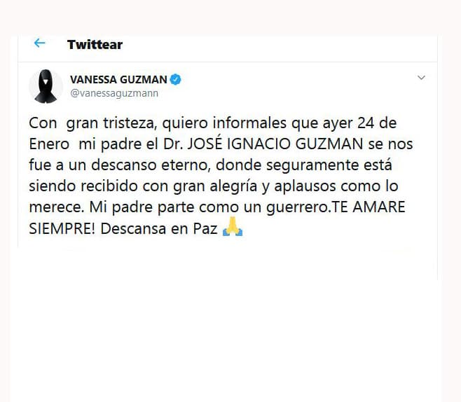 “Con gran tristeza, quiero informales que ayer 24 de enero, mi padre el 
<b>Dr. José Ignacio Guzmán se nos fue a un descanso eterno</b>”, son las conmovedoras palabras escritas por la estrella.