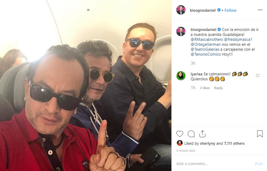 Tras haber pasado una agitada noche entre patrullas, ambulancias y el susto que vivió con el accidente, Bisogno compartió una fotografía al lado de Freddy y Germán Ortega a bordo del avión con rumbo a la ciudad de Guadalajara, Jalisco, con lo que demuestra que el indicente no pasó a mayores.
<br>