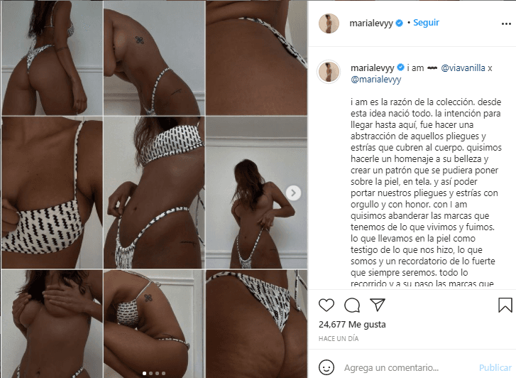 Para la colección de trajes de baño que nombró 'I am' hizo una publicación especial en la que mencionó que la inspiración "fue hacer una abstracción de aquellos pliegues y estrías que cubren el cuerpo". Junto a sus colaboradores, plasmó esta idea en un patrón con la intención de "poder 
<b>portar nuestros pliegues y estrías con orgullo y con honor</b>".