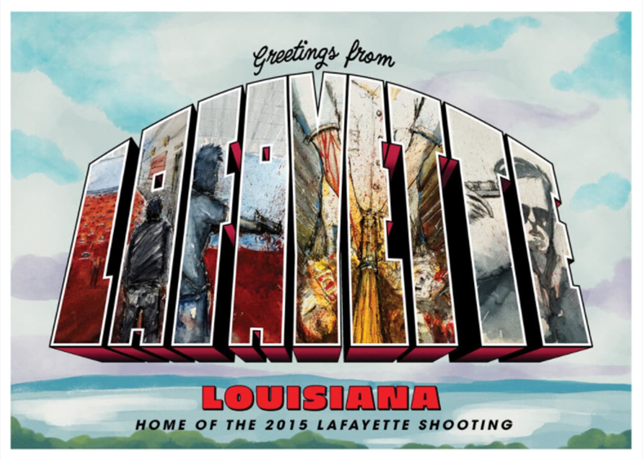 <b>“Saludos desde Lafayette, el hogar del tiroteo de Lafayette de 2015”.</b> "Patricia y yo vamos a hacer esto toda nuestra vida, no tenemos otro plan, lamentablemente. Después de esta campaña vendrá otra y otra y otra", dijo Oliver. El 23 de julio de 2015, “un hombre de 59 años abrió fuego durante una película, matando a dos personas e hiriendo a otras nueve”, explica la postal sobre esta tragedia.