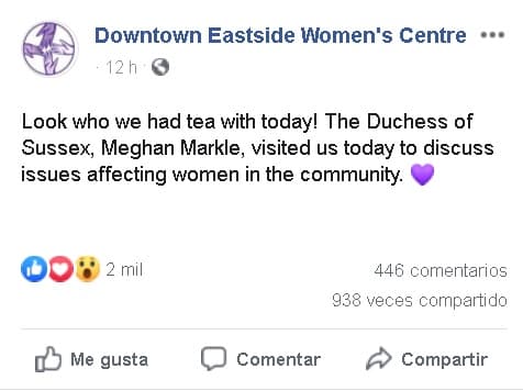 "
<b>¡Miren con quién tomamos té! </b>La duquesa de Sussex, Meghan Markle, nos visitó para discutir temas que afectan a las mujeres en la comunidad", se lee en la publicación.