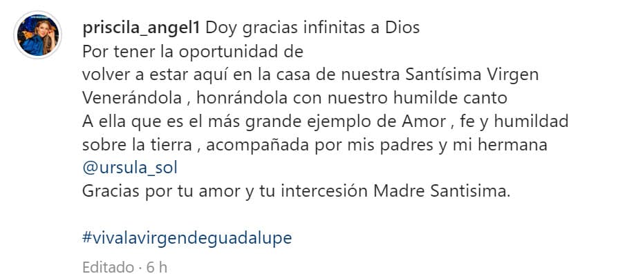 "Doy gracias infinitas a Dios por tener la oportunidad de volver a estar aquí en la casa de nuestra Santísima Virgen", escribió la
<b><a href="https://www.univision.com/shows/despierta-america/gustavo-angel-y-priscila-compraron-una-mansion-en-san-antonio-video" target="_blank">esposa de Gustavo Ángel 'El Temerario'. </a></b>
<br>
