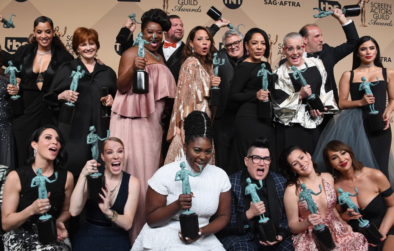 LOS ANGELES, CA - JANUARY 29: 'Orange Is the New Black cast members, winners of the Outstanding Performance by an Ensemble in a Comedy Series award, pose in the press room during the 23rd Annual Screen Actors Guild Awards at The Shrine Expo Hall on January 29, 2017 in Los Angeles, California. (Photo by Alberto E. Rodriguez/Getty Images)