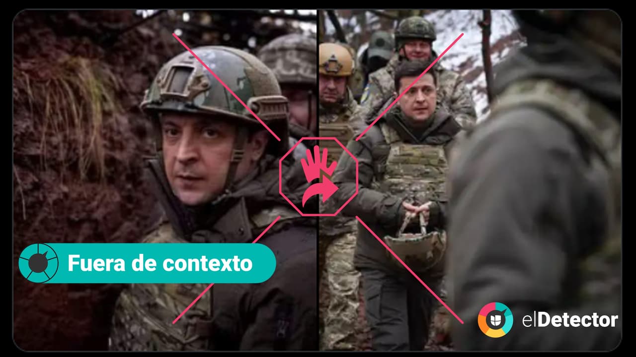 <h3 class="cms-H3-H3"><b>El presidente de Ucrania en traje de campaña</b></h3>
<b> </b>Estas imágenes del mandatario ucraniano Volodymyr Zelensky están 
<b>fuera de contexto</b>. 
<b>No corresponden a la invasión de Rusia a Ucrania, </b>que se inició el 24 de febrero de 2022.
<br>
<br>Fueron tomadas durante su estancia el 6 de diciembre de 2021 en la región de Donetsk (parte del Donbas).
<a href="https://www.reuters.com/world/europe/ukrainian-president-zelenskiy-holding-talks-with-biden-adviser-says-2021-12-09/"> <u>Hay un registro de la agencia Reuters</u></a>
<u> </u>de ese día: el crédito de la foto es del Servicio de Prensa de la Presidencia de Ucrania.
<br>
<br>La leyenda de la gráfica dice que Zelensky se reunía “con los miembros del servicio del país en las posiciones de combate cerca de la línea de separación de los rebeldes respaldados por Rusia en el Día de las Fuerzas Armadas en la región de Donetsk, Ucrania 6 de diciembre de 2021”.
<br>
<br>Esa y varias fotos de Zelensky vestido con un uniforme de campaña del ejército aparecen
<a href="https://www.mil.gov.ua/en/news/2021/12/06/on-the-day-of-the-armed-forces-of-ukraine-the-head-of-state-visited-the-frontline-positions-of-the-ukrainian-military-in-donbas/"><u> en la página web oficial</u></a>
<u> </u>del Ministerio de la Defensa de Ucrania, con la misma fecha, en un artículo que reseña esta visita. Así comienza: “Durante un viaje de trabajo a la región de Donetsk, el presidente Volodymyr Zelensky visitó las posiciones de primera línea del ejército ucraniano en la zona de la Operación de Fuerzas Conjuntas y felicitó a los militares en el Día de las Fuerzas Armadas de Ucrania”.
<br>
<br>Las unidades de
<a href="https://www.reuters.com/article/factcheck-ukraine-russia-idUSL1N2V02DG"> <u>verificación</u> <i>Reuters Fact Check</i></a> y
<a href="https://colombiacheck.com/chequeos/estas-fotos-del-presidente-de-ucrania-en-el-frente-de-batalla-no-son-de-2022"> <i>Colombia Check</i> <u>confirmaron</u></a> estos hallazgos.
<br>