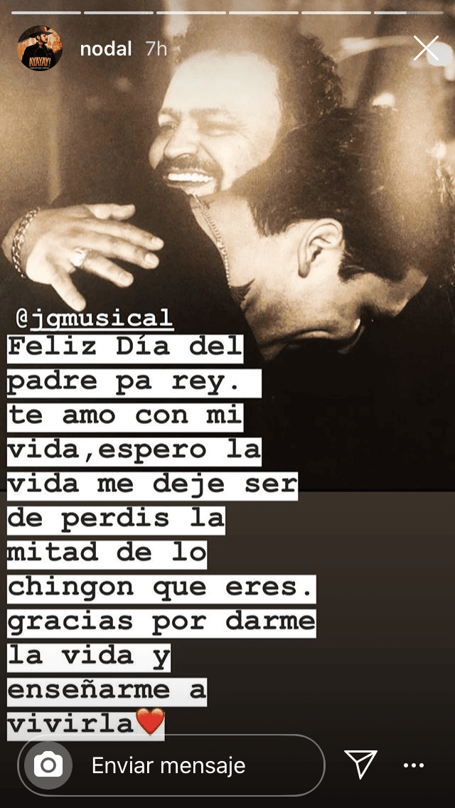 <b><a href="https://www.univision.com/famosos/mi-alma-esta-completa-la-mama-de-christian-nodal-agradece-que-su-nino-se-haya-librado-de-un-accidente-aereo-video" target="_blank">Christian Nodal </a></b>fue otro de los famosos que desde temprano festejaron a su padre y lo hizo con este homenaje: "Te amo con mi vida, espero la vida me deje ser de 'perdis' la mitad de lo chingón que eres. Gracias por darme la vida y enseñarme a vivirla".