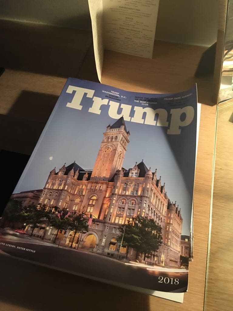 The Trump hotel magazine includes a welcome note from two of President Trump's sons, Donald Trump Jr. and Eric Trump. "Happy travels and we hope to see you very soon," they write.