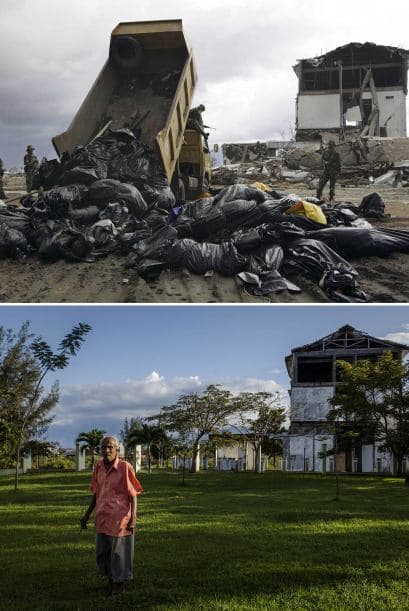 Los militares indonesios descargan cadáveres de un camión el 09 de enero de 2005 en Banda Aceh. Ahora luce así.