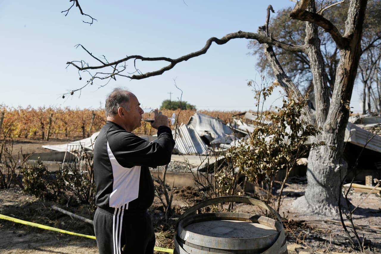Izzy Lewkosky, un turista de Kansas City, degusta una copa de Cabernet Sauvignon mientras contempla los restos incinerados del viñedo Soda Rock Winery en Healdsburg, California.