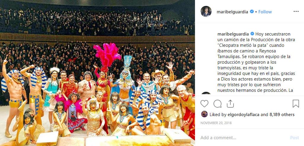 Además, reveló que temían por su vida: "Hoy secuestraron un camión cuando íbamos de camino a Reynosa, Tamaulipas, nos robaron equipo y golpearon a los tramoyistas. Es muy triste la inseguridad que hay en el país, gracias a Dios los actores estamos bien, pero
<b>consternados por las amenazas de que si llegábamos iban a quemar el camión y atentar contra nuestras vidas</b>".