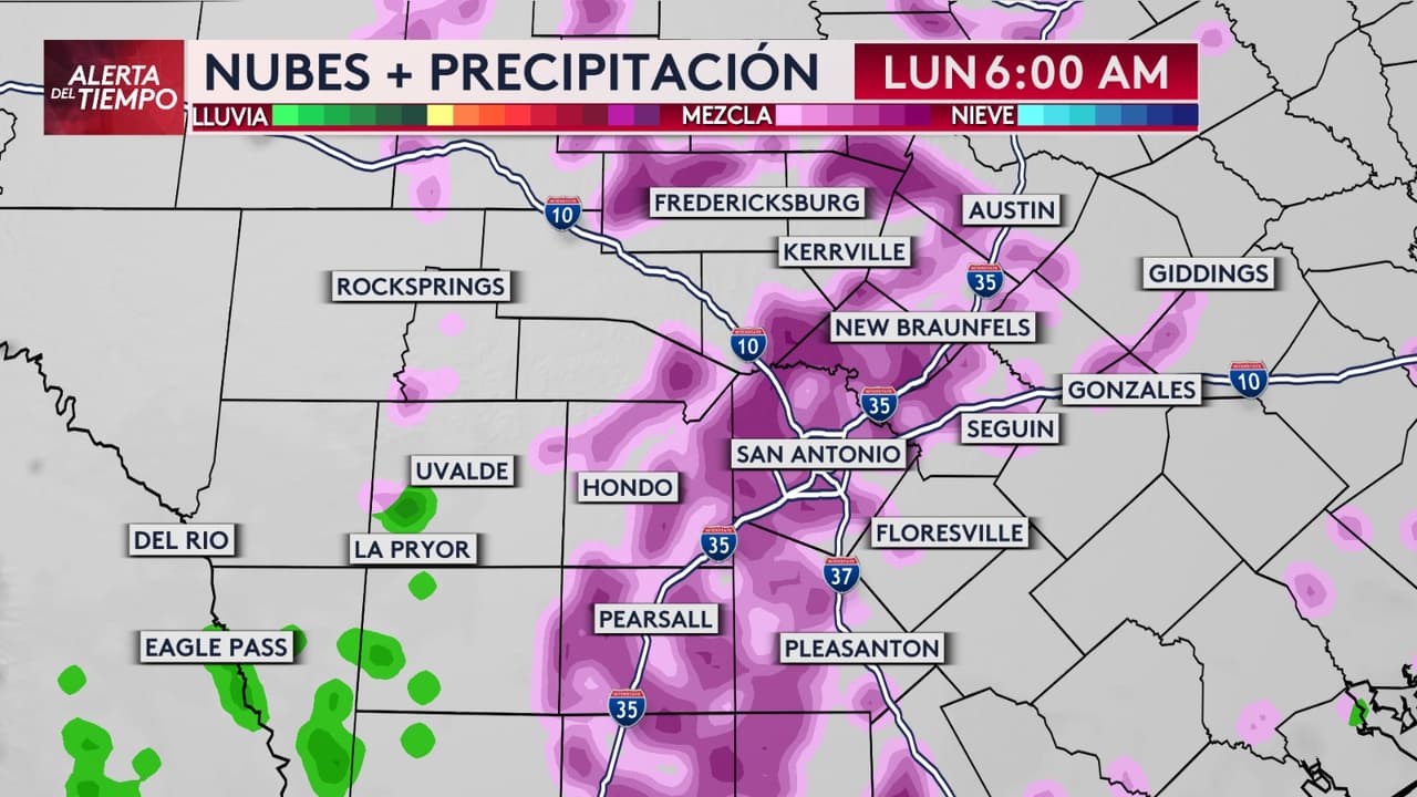 Se mantiene la probabilidad de registrar mezcla invernal para las próximas horas en el centro de Texas. Esto muestra el radar para las 6:00 am del lunes con posibilidad de mezcla invernal en San Antonio, New Braunfels y Austin.