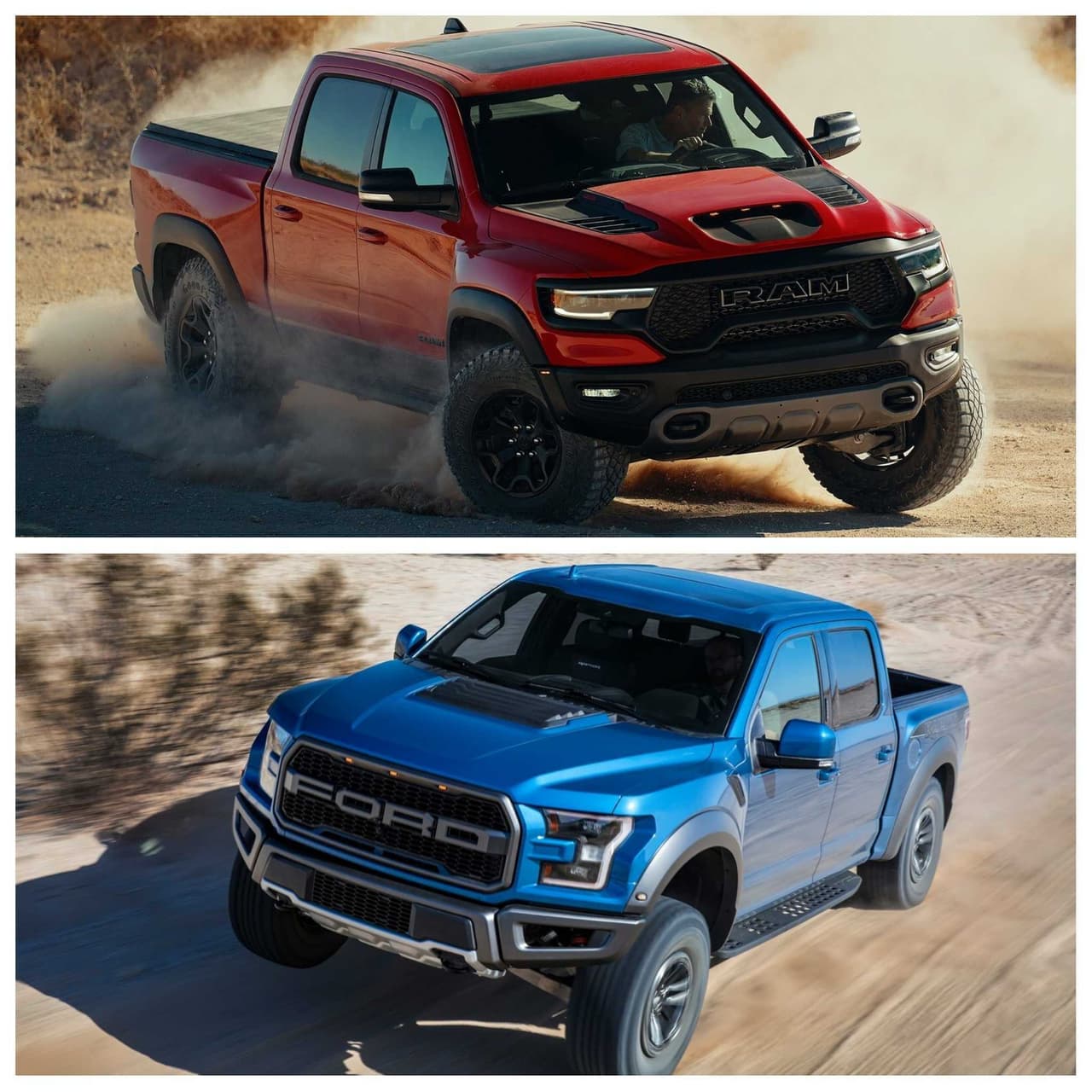 <h3 class="cms-H3-H3"><b>Motor</b></h3>
<br>
<br>Empezamos con el corazón que motiva a estas pickups y donde encontramos la primera diferencia entre ambas. 
<br>
<br>Por un lado, tenemos a la Ram 1500 TRX con una versión del enorme motor que montan las variantes SRT Hellcat de modelos como la Jeep Grand Cherokee, Dodge Durango, Dodge Charger y Dodge Challenger: un V8 de 6.2 litros supercargado que produce 702 caballos de fuerza y 650 lb-pie de torque.
<br>
<br>Mientras que la Ford F-150 Raptor es impulsada por un motor V6 de 3.5 litros doble turbo que genera 450 caballos de fuerza y 510 lb-pie de torque, es decir, 252 caballos de fuerza y 140 lb-pie de torque menos que la camioneta de Ram.