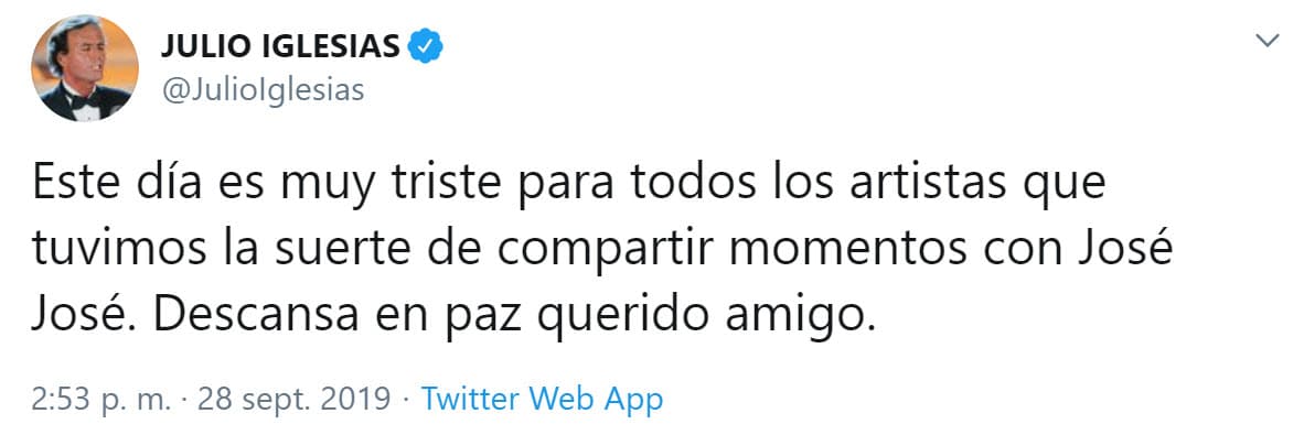 El cantante español Julio Iglesias reiteró la tristeza que embarga al mundo de la música.