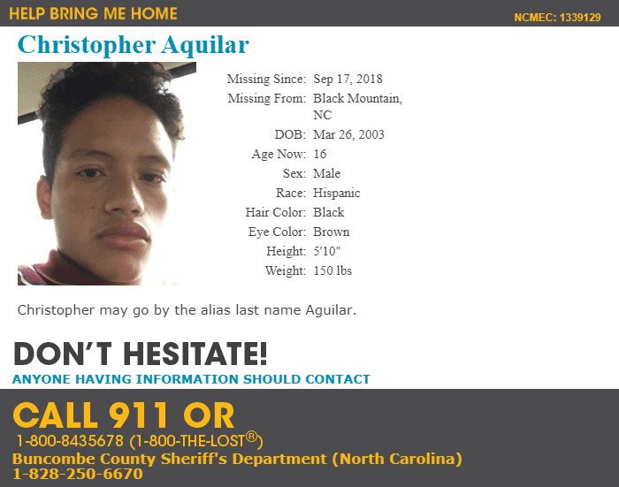 Niños y Adolescentes hispanos extraviados en Carolina del Norte