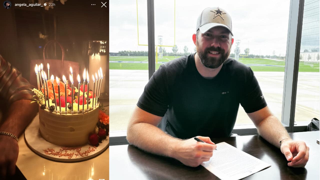 Ángela Aguilar publicó una foto en la que aparece el brazo de un misterioso hombre (izquierda) junto a su pastel de cumpleaños. Algunos creen que se trata de su supuesto novio, Josh Ball (derecha).