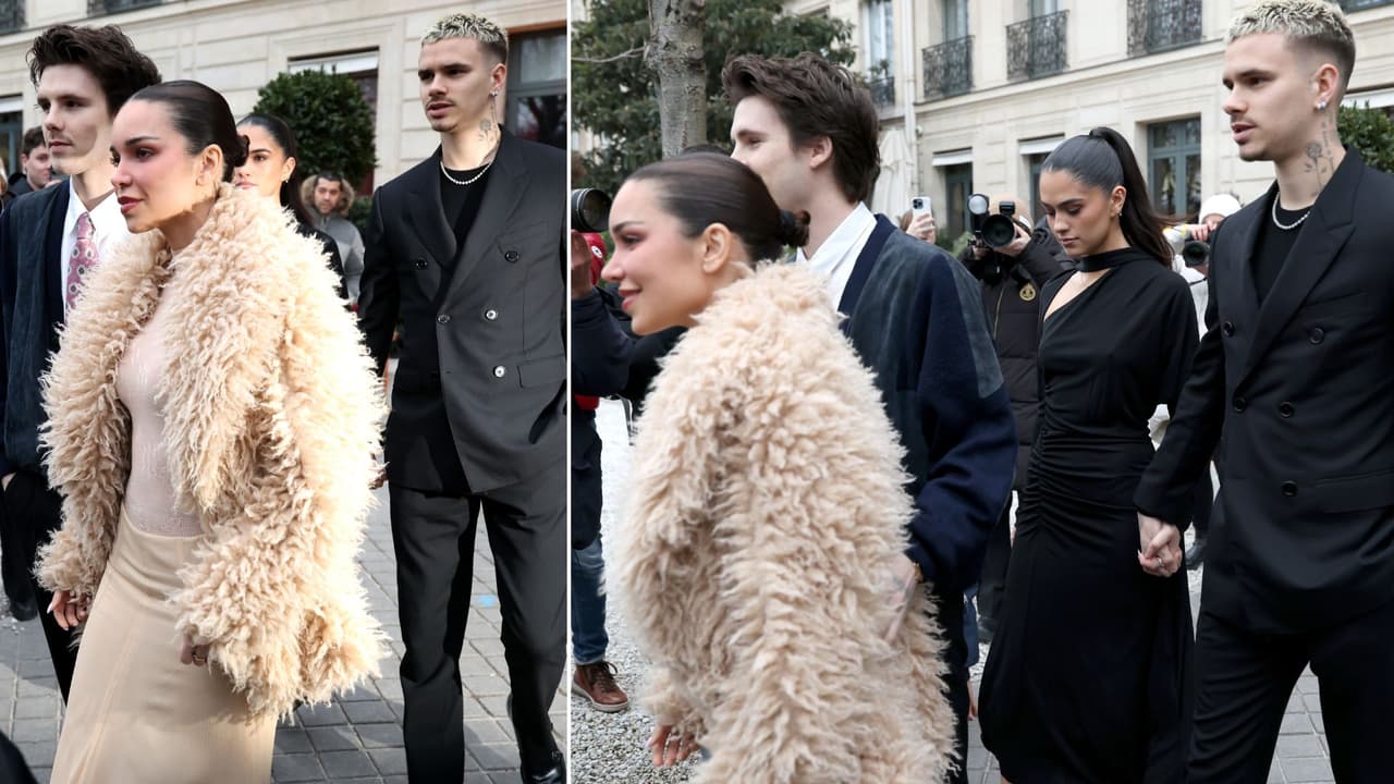 Romeo y Cruz Beckham con sus novias, acompañando a sus papás en París.