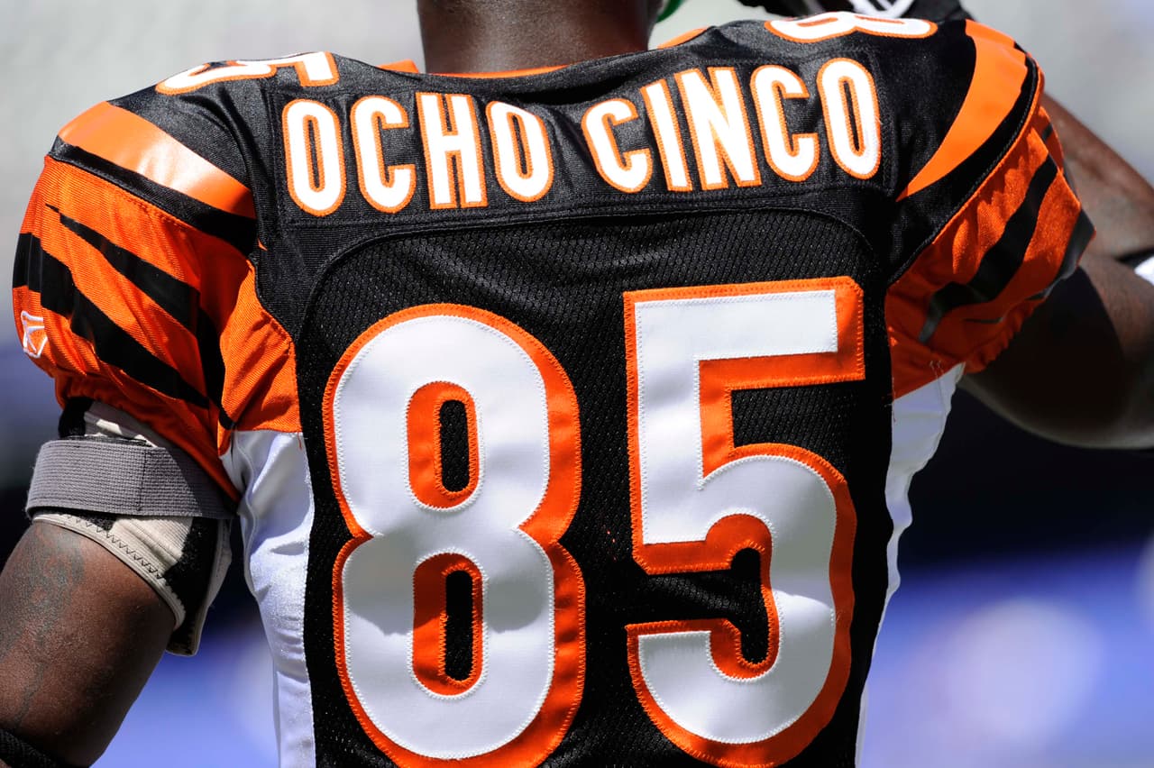 Detail of the jersey of Cincinnati Bengals Cincinnati Bengals wide receiver Chad Ocho Cinco, who recently had his name legally changed from Chad Johnson, warms up before the start of an NFL football game against the Baltimore Ravens, Sunday, Sept. 7, 2008, in Baltimore.(AP Photo/Nick Wass)