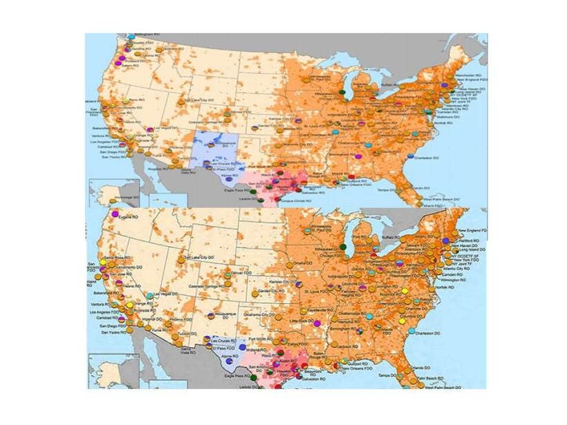 DEA maps. 2016, on top, compared to 2015. The Sinaloa cartel's advancing dominance in the United States. The orange areas in the upper DEA map indicate the cartel's control in 2015, and the lower map, made public last month, shows its expansion into virtually all of New Mexico.