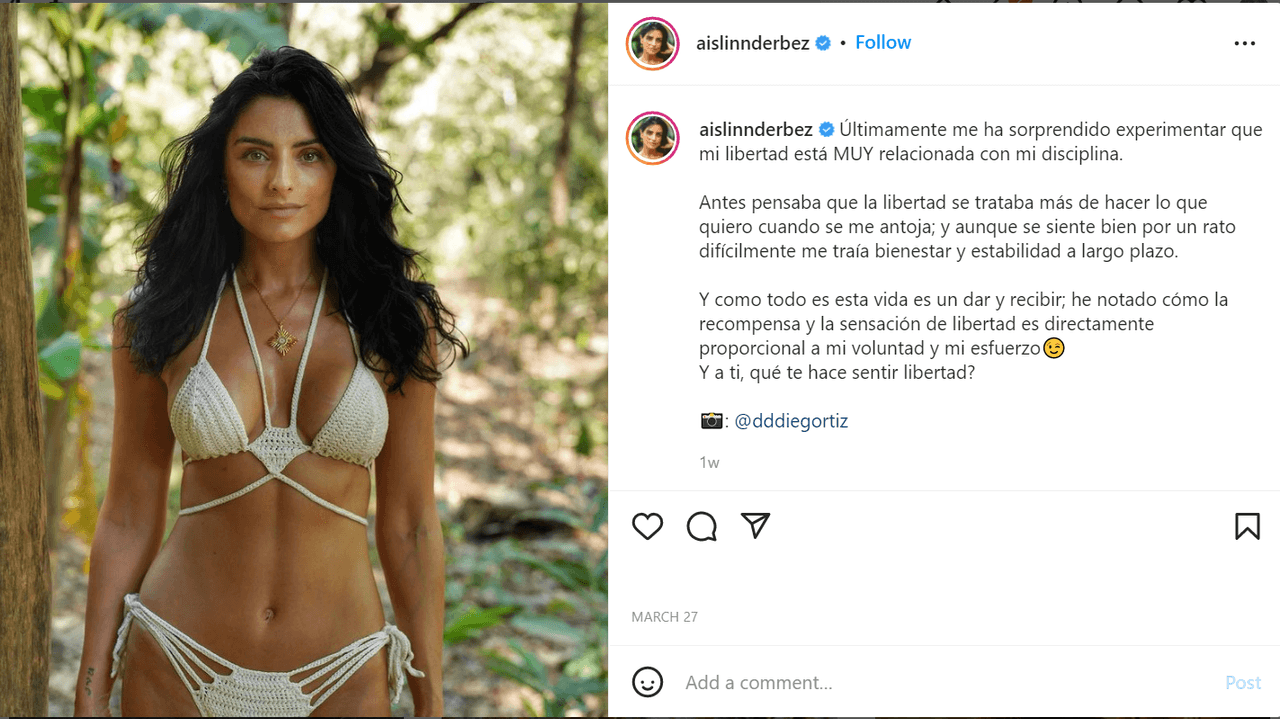 "Mi libertad está muy relacionada con mi disciplina", escribió como parte de su comentario en esta foto.