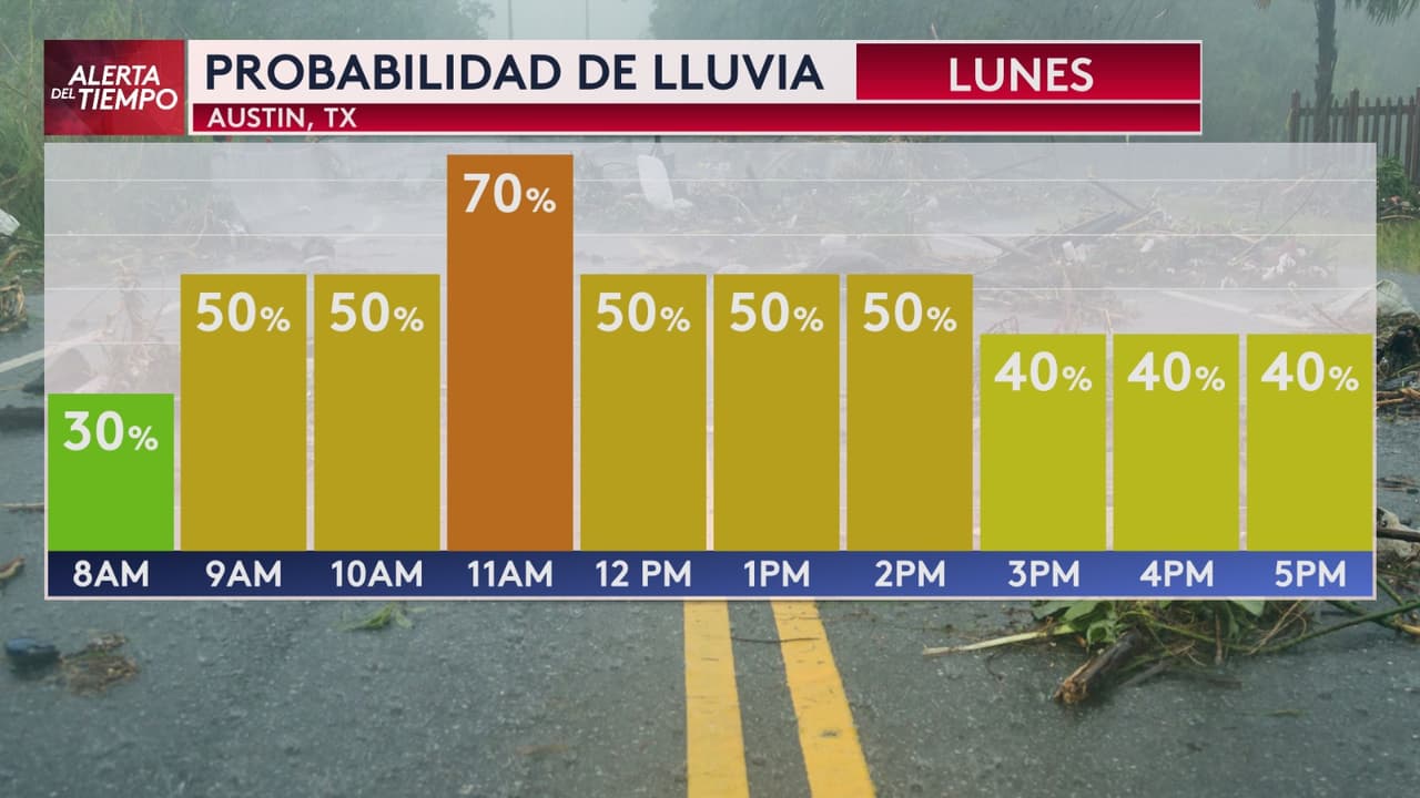 Durante el lunes, se esperan lluvias prácticamente todo el día, con 
<b>las mayores probabilidades de lluvia alrededor de las 11 de la mañana</b>.