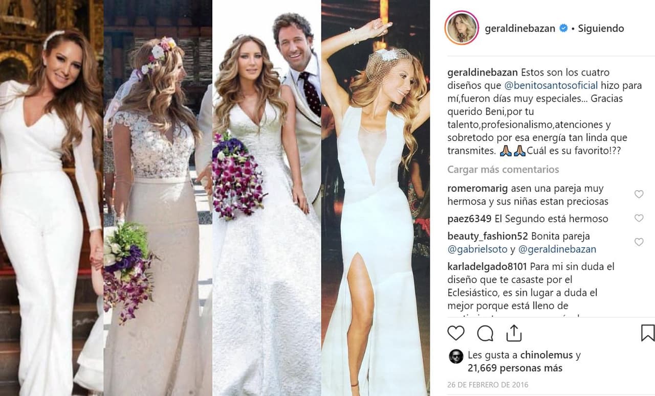 Geraldine Bazán tuvo cuatro vestidos de novia, todos hechos por el diseñador mexicano Benito Santos.
<br>