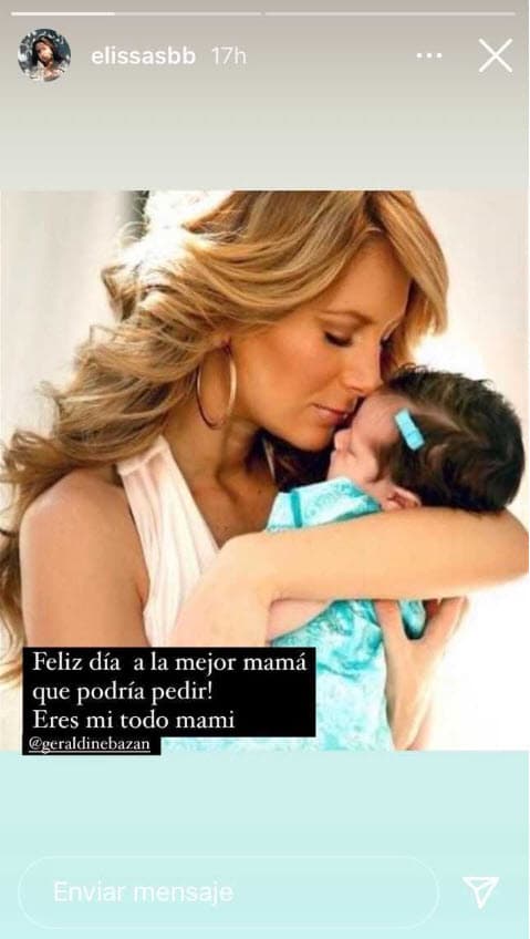 La exesposa de Gabriel Soto también recibió una cariñosa felicitación de 
<b><a href="https://www.univision.com/famosos/geraldine-bazan-crianza-hijas-divorcio-gabriel-soto">su hija Elissa, quien ya sigue los pasos de sus padres en la actuación</a></b>: "¡Feliz día a la mejor mamá que podría pedir! Eres mi todo mami", escribió en sus historias de Instagram.