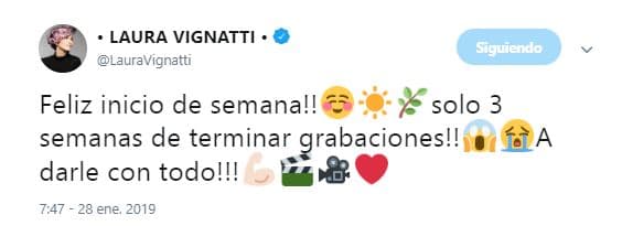 Este exitoso proyecto a cargo de Juan Osorio se encuentra en sus últimas semanas de grabación, así lo informó la actriz Laura Vignatti a través de Twitter.