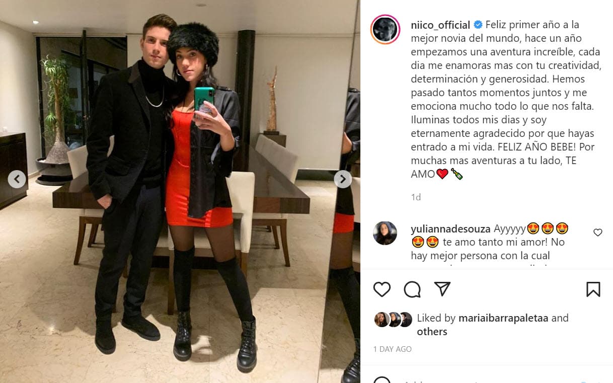 "Feliz primer año a
<b>la mejor novia del mundo</b>", escribió en Instagram este martes 19 de abril junto con una serie de fotos con Yulianna De Souza.
<br>