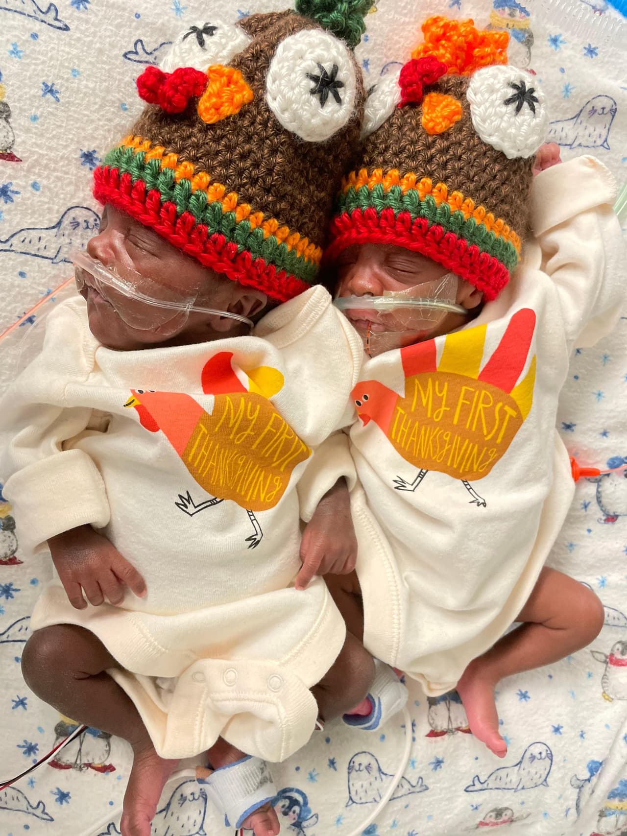 Estos mellizos muestran su lindo gorrito tejido con carita de pavo y también posan con su mameluco que dice "Mi primer Día de Acción de Gracias".