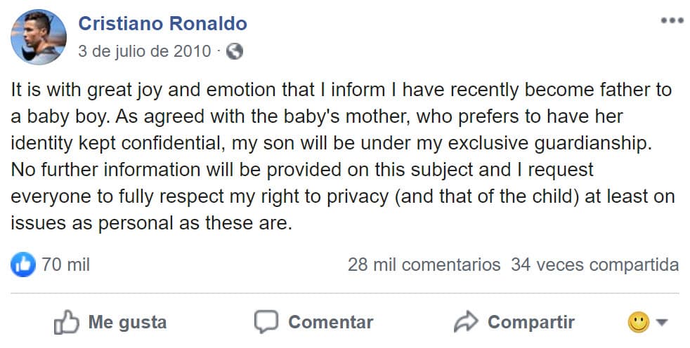 El 3 de julio de 2010, el futbolista informó a través de 
<b>Facebook</b>, que había llegado a un 
<b>acuerdo con la madre del bebé para quedarse con la tutela</b> y ella pidió confidencialidad.
