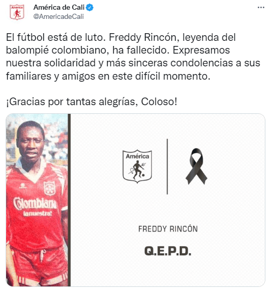 Equipos, futbolistas y exfutbolistas lamentan la muerte del colombiano Freddy Rincón.