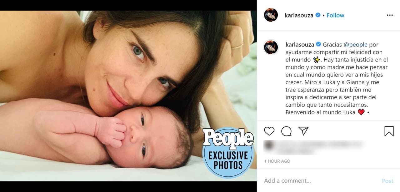La actriz mexicana de 34 años dio la exclusiva a una revista: "Gracias 
<a href="https://people.com/parents/karla-souza-welcomes-son-luka-olivares-first-photo/" target="_blank">People</a> por ayudarme a compartir mi felicidad con el mundo", escribió al inicio de su mensaje en Instagram.
<br>