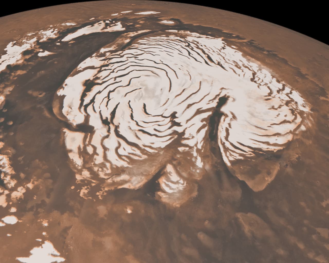 <b>Mars Global Surveyor, año 1996.</b> Fue la primera misión exitosa de la NASA a Marte en dos décadas. La nave pasó año y medio adaptando su órbita y en 1999 comenzó su principal tarea: hacer un mapa detallado del planeta rojo. La imagen es del polo norte de Marte, hecha con datos de esta misión.
