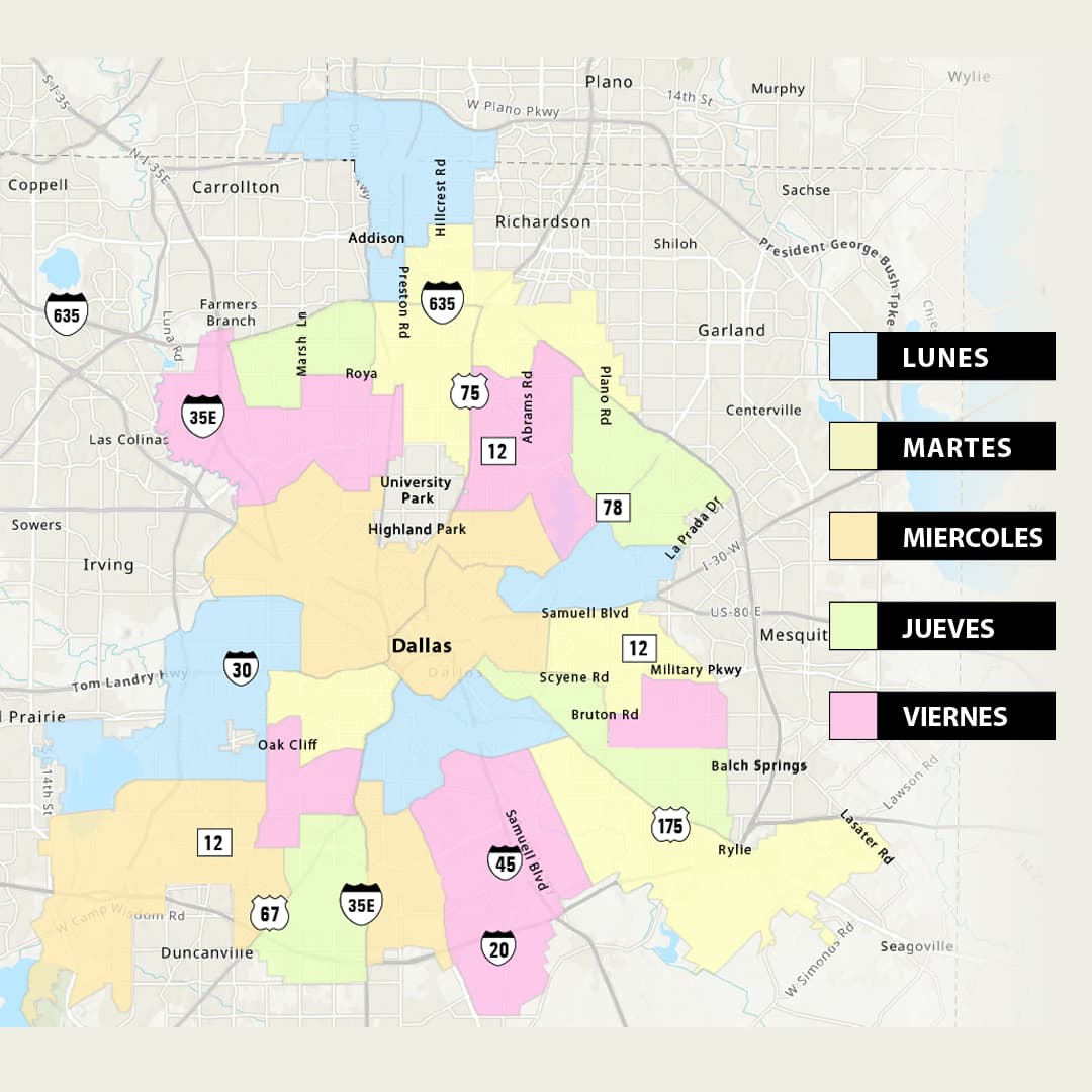 Recolección de basura en Dallas con días y horarios de recolección.