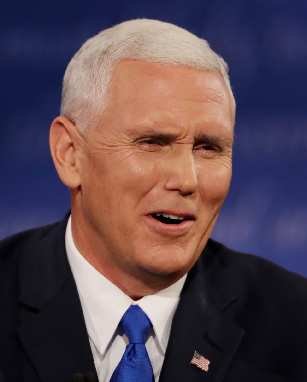 Republican vice-presidential nominee Gov. Mike Pence reacts to a comment by Democratic vice-presidential nominee Sen. Tim Kaine during the vice-presidential debate at Longwood University in Farmville, Va., Tuesday, Oct. 4, 2016. (AP Photo/Patrick Semansky)