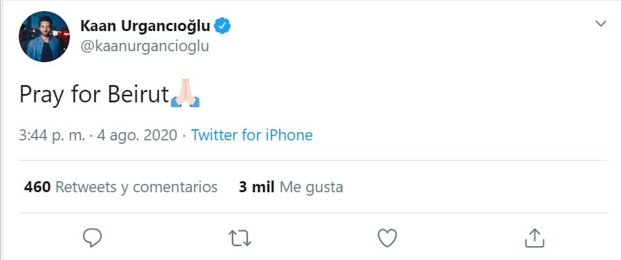 "Oremos por Beirut", se lee en la cuenta de Twitter del actor turco.